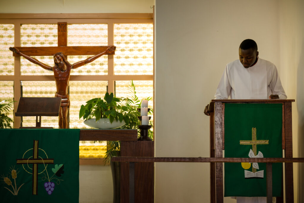 A seminarian preaches during daily chapel at LTS.