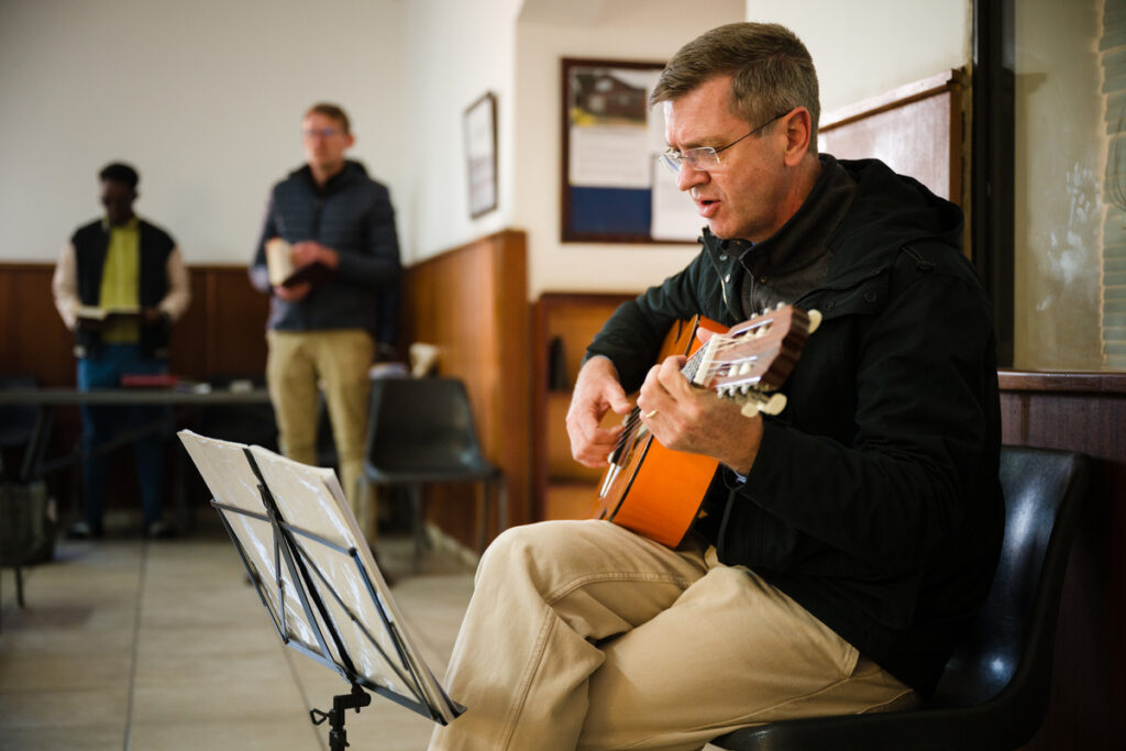 The Rev. Fernando Huf plays guitar during morning worship at LTS.